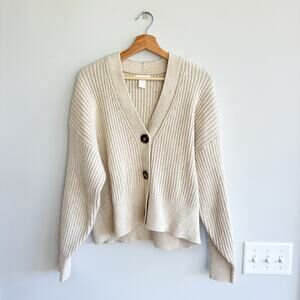 H&M Ribbed Knit Button-Front V-Neck Long Sleeve Cardigan Cream M
